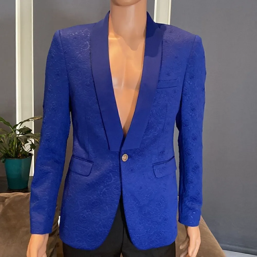 Men’s Mogu Blue Slim Fit 2 Piece Suit with Floral Design One Button Size 36 NWT